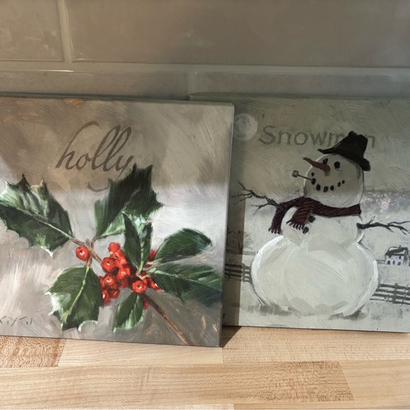 Festive Holiday Canvas Set with Holly and Snowman - Picture 2 of 5